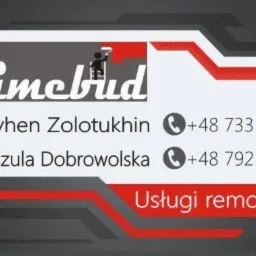 Wizytówka firmy Primebud z logo przedstawiającym malarza z wałkiem, dane kontaktowe Yevhena Zolotukhina i Urszuli Dobrowolskiej oraz napis Usługi remontowe.
