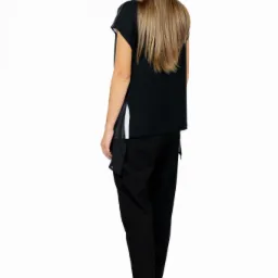 Kobieta z długimi blond włosami, ubrana w czarny kapelusz, bluzkę z asymetrycznym wykończeniem i czarne spodnie, pozuje tyłem na białym tle, prezentując elegancki, monochromatyczny strój.