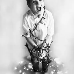Czarno-białe zdjęcie chłopca z otwartymi ustami, owiniętego w światełka choinkowe, stojącego na podłodze z rozrzuconymi światełkami.