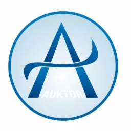 Logo firmy AUKTOR: stylizowana litera A w niebieskim okręgu, z dekoracyjnym elementem przypominającym falę.