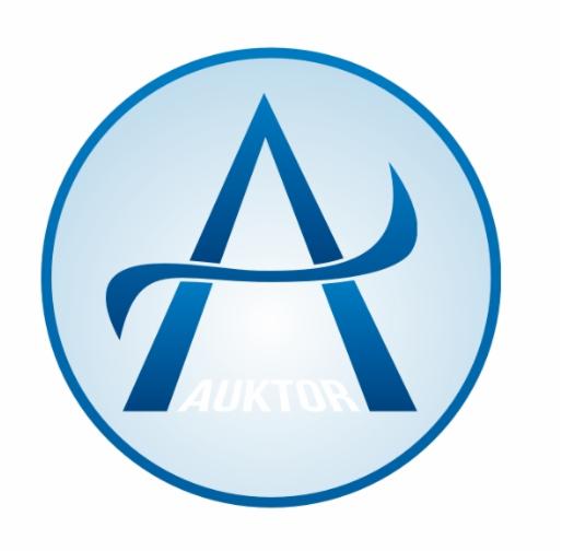 Logo firmy AUKTOR: stylizowana litera A w niebieskim okręgu, z dekoracyjnym elementem przypominającym falę.