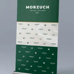 Roll-up reklamowy z logo i nazwą kancelarii adwokackiej Morzuch, z motywem kolumn na jasnym tle, powtarzającym się na zielonym tle w dolnej części roll-upu.