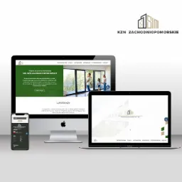 Prezentacja responsywnej strony internetowej SIM KZN Zachodniopomorskie na monitorze, laptopie i smartfonie, ukazująca spójny wygląd witryny na różnych urządzeniach. Widoczne logo firmy w górnej...