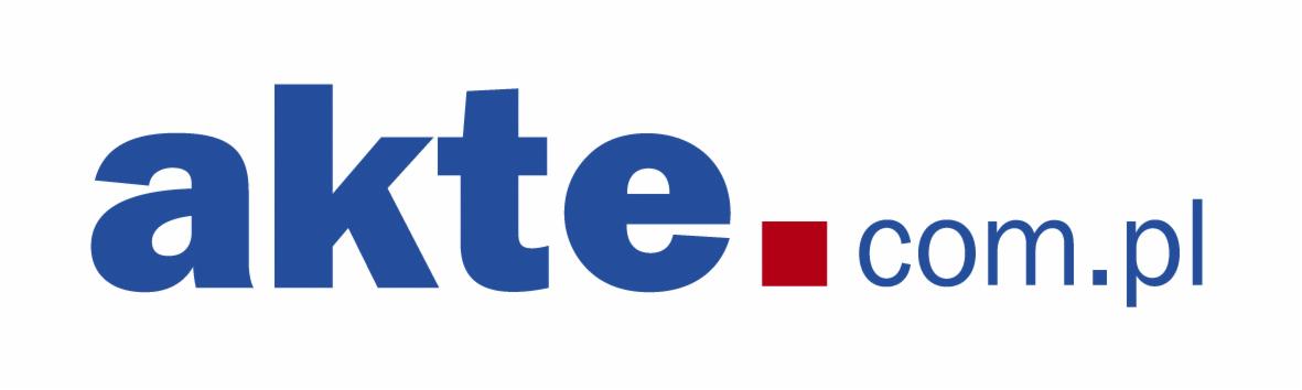 Logo firmy 'akte' z niebieskim napisem i czerwonym kwadratem przed '.com.pl'.