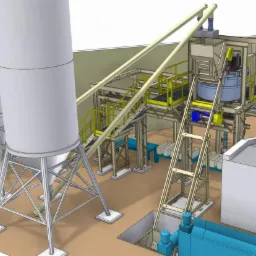 Wizualizacja 3D hali przemysłowej z dwoma silosami i systemem transportu materiałów, żółte barierki i schody.