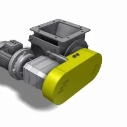 Wizualizacja 3D podajnika celkowego z silnikiem elektrycznym i żółtą osłoną, widok z góry i boku na białym tle.