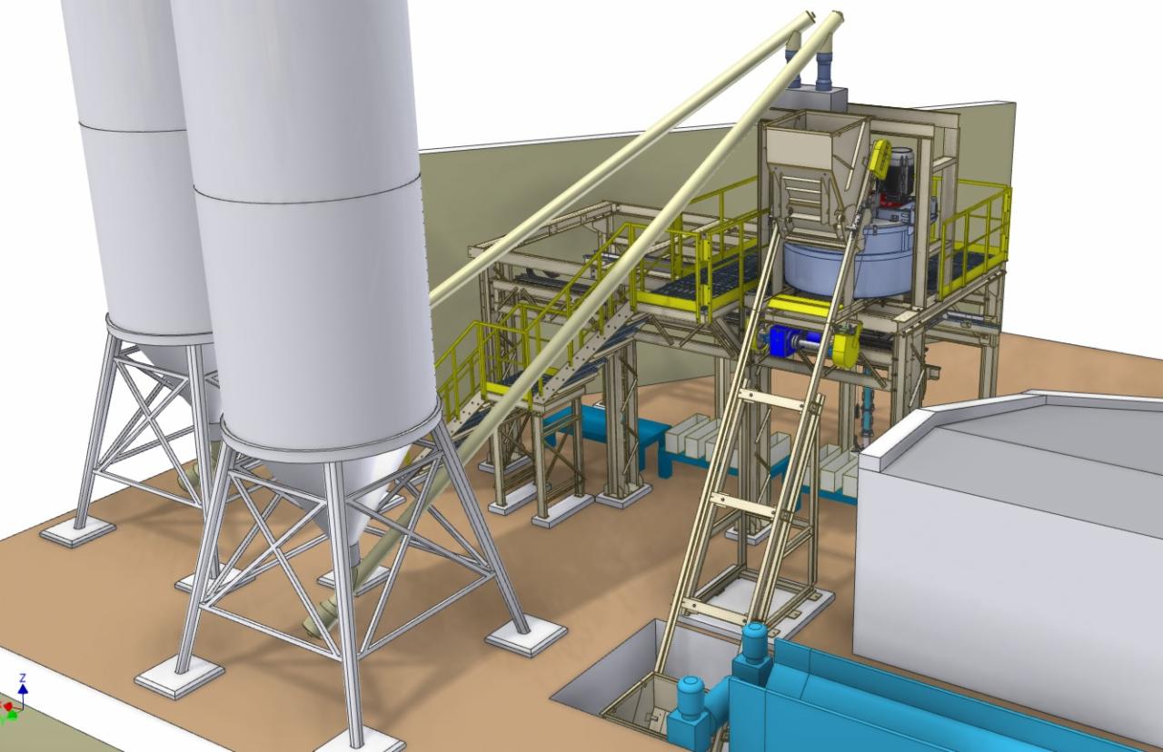 Wizualizacja 3D hali przemysłowej z dwoma silosami i systemem transportu materiałów, żółte barierki i schody.