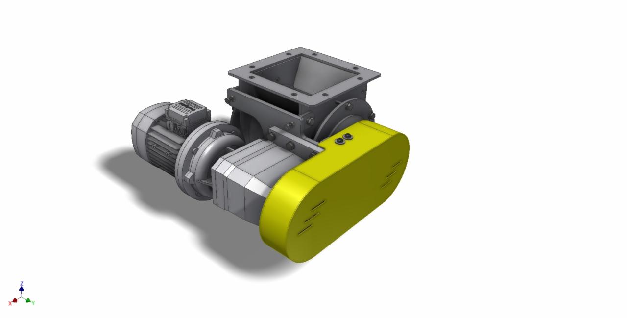 Wizualizacja 3D podajnika celkowego z silnikiem elektrycznym i żółtą osłoną, widok z góry i boku na białym tle.