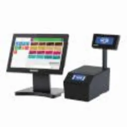 Czarny terminal POS z dotykowym ekranem i drukarką paragonów na białym tle. Ekran terminala wyświetla interfejs oprogramowania z kolorowymi ikonami.