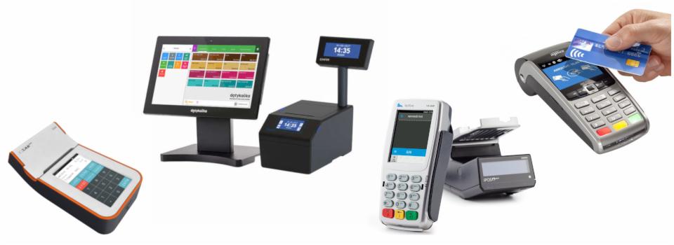 Różne modele terminali płatniczych i kas fiskalnych na białym tle, w tym terminal z kartą płatniczą w dłoni.