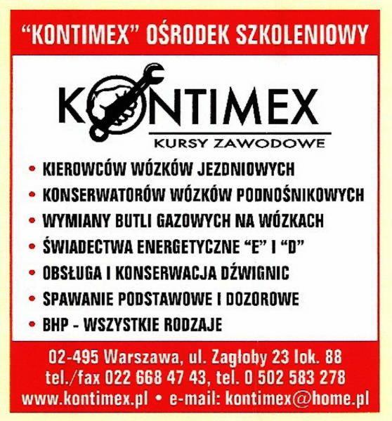 Ogłoszenie ośrodka szkoleniowego Kontimex z Warszawy, oferującego kursy zawodowe, w tym na kierowców wózków jezdniowych, konserwatorów wózków podnośnikowych i spawanie.
