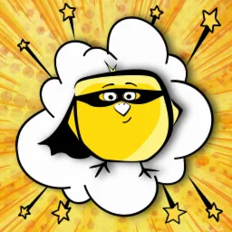 Grafika przedstawiająca żółtego ptaka w masce superbohatera, otoczonego chmurą i gwiazdami na tle w stylu komiksowym.