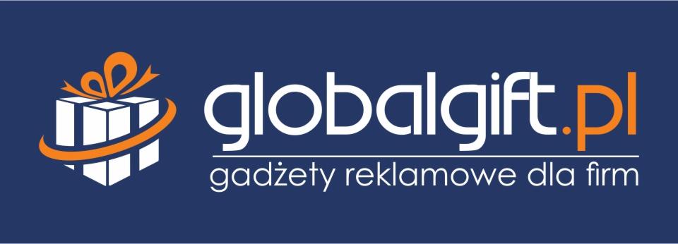 Logo firmy Globalgift.pl na granatowym tle, przedstawiające stylizowany biały prezent z pomarańczową wstążką i napisem 'globalgift.pl' oraz 'gadżety reklamowe dla firm'.