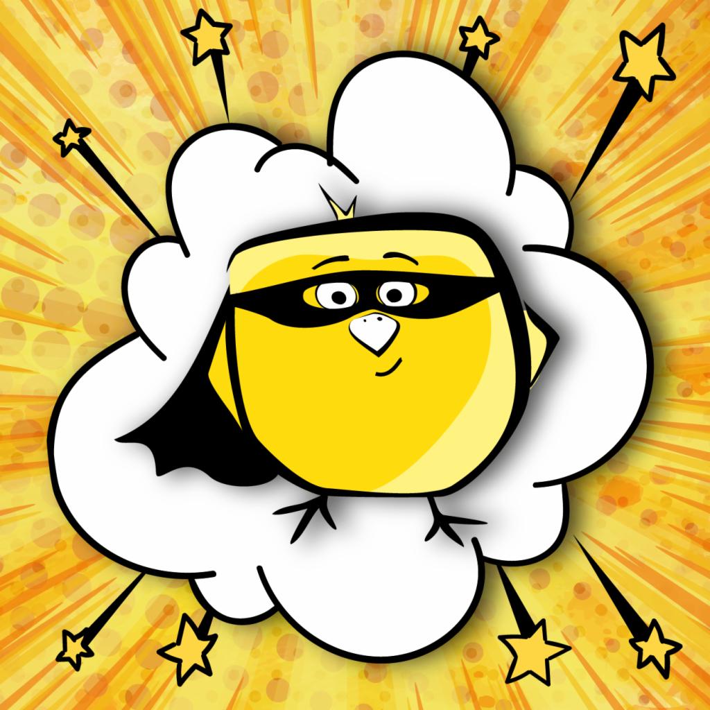 Grafika przedstawiająca żółtego ptaka w masce superbohatera, otoczonego chmurą i gwiazdami na tle w stylu komiksowym.