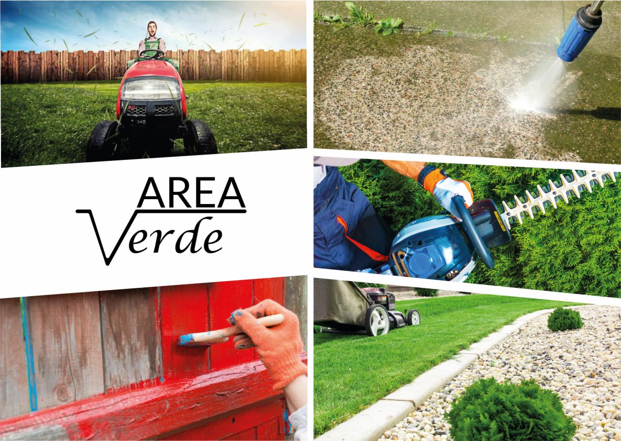 Montaż kolażu zdjęć z usług ogrodniczych: koszenie trawy traktorkiem, czyszczenie kostki brukowej myjką ciśnieniową, przycinanie żywopłotu nożycami elektrycznymi, malowanie płotu na czerwono...