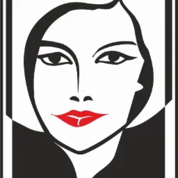 Grafika wektorowa przedstawiająca twarz kobiety z mocno podkreślonymi czerwonymi ustami, czarnymi włosami i oczami na białym tle, całość w czarno-białej ramie.