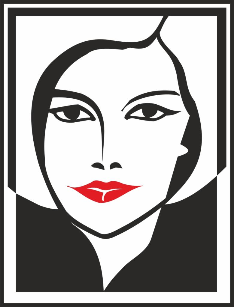 Grafika wektorowa przedstawiająca twarz kobiety z mocno podkreślonymi czerwonymi ustami, czarnymi włosami i oczami na białym tle, całość w czarno-białej ramie.