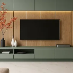 Nowoczesna szafka RTV w odcieniach zieleni z drewnianym panelem i telewizorem. Minimalistyczny design z dekoracyjnymi wazonami i gałązkami.