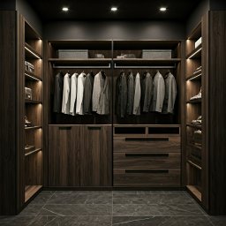 ZEUS STUDIO Egor Protsko - Nowoczesna, ciemna szafa wnękowa z oświetleniem LED, ubraniami na wieszakach i szufladami. Widoczne półki z butami i pudełkami. Eleganckie wykończenie.