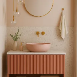 Różowa umywalka na szafce z lamelami, okrągłe lustro ze złotą ramą, lampy wiszące i ręcznik w łazience w odcieniach beżu i brązu. Minimalistyczny wystrój.