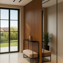 ZEUS STUDIO Egor Protsko - Nowoczesny przedpokój z drewnianą ścianą, konsolą z dekoracją i beżową ławką. Duże okno w czarnej ramie i lustro optycznie powiększają przestrzeń.