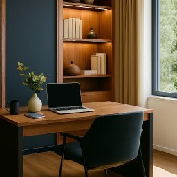 ZEUS STUDIO Egor Protsko - Drewniane biurko na tle regału z oświetleniem LED, w pokoju w Poznaniu. Na blacie laptop, wazon z roślinami i filiżanka. Nowoczesny design, ciepłe światło.