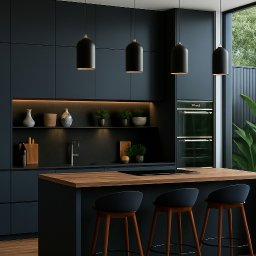 ZEUS STUDIO Egor Protsko - Nowoczesna, minimalistyczna kuchnia w ciemnych odcieniach z drewnianym blatem i trzema hokerami. Oświetlenie punktowe, rośliny na półce, parkiet na podłodze.