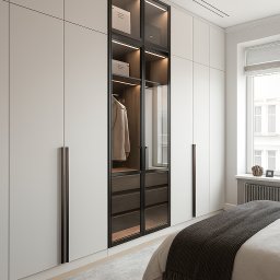 ZEUS STUDIO Egor Protsko - Nowoczesna szafa wnękowa z przeszklonymi drzwiami, podświetlana LED, wkomponowana w ścianę sypialni, z widoczną zawartością i elementami dekoracyjnymi.