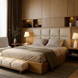 ZEUS STUDIO Egor Protsko - Nowoczesna sypialnia z drewnianą zabudową, beżowym łóżkiem i minimalistycznym oświetleniem. Uwagę przykuwają czarne szpilki leżące na podłodze.