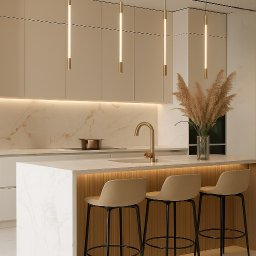 ZEUS STUDIO Egor Protsko - Elegancka kuchnia z wyspą, wykończona w beżach i bieli. Marmurowy blat, złota armatura i nowoczesne lampy wiszące tworzą luksusowy klimat.