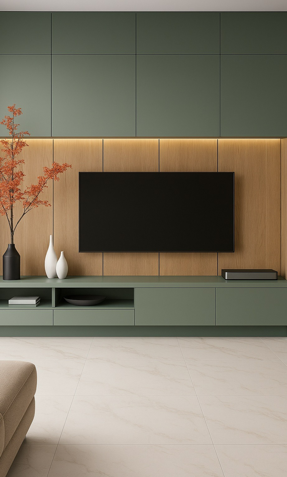Nowoczesna szafka RTV w odcieniach zieleni z drewnianym panelem i telewizorem. Minimalistyczny design z dekoracyjnymi wazonami i gałązkami.
