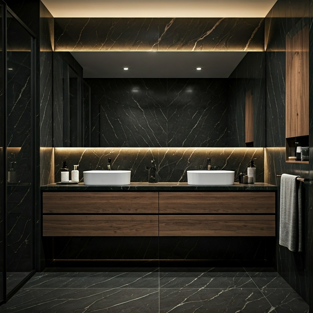 Nowoczesna łazienka z marmurową ścianą, drewnianą szafką pod umywalką i podświetlanym lustrem. Minimalistyczny design z akcentami drewna i kamienia.