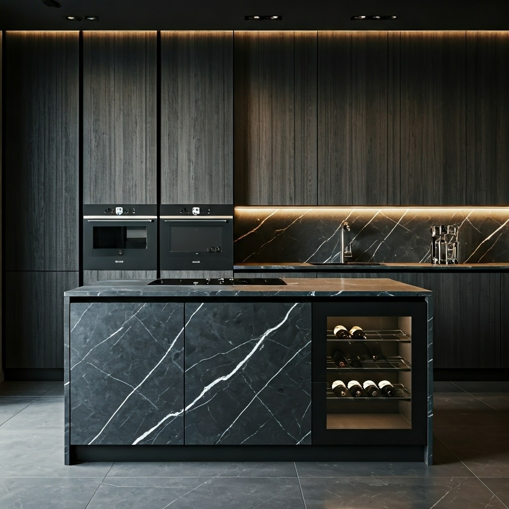 Nowoczesna, ciemna kuchnia z wyspą o marmurowym wzorze, zabudowanymi sprzętami i oświetleniem LED. Widoczna chłodziarka na wino w wyspie.
