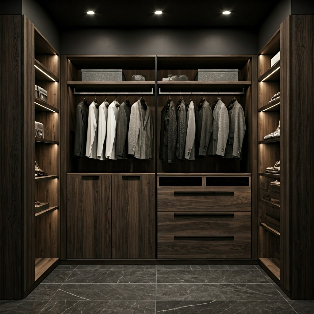 Nowoczesna, ciemna szafa wnękowa z oświetleniem LED, ubraniami na wieszakach i szufladami. Widoczne półki z butami i pudełkami. Eleganckie wykończenie.