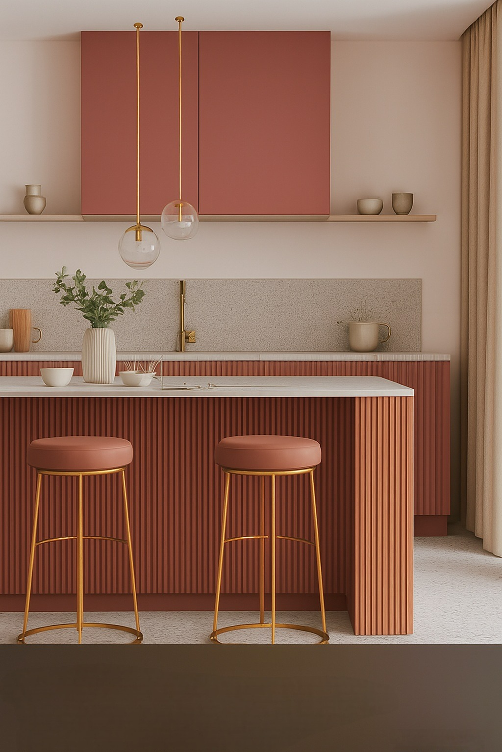 Nowoczesna kuchnia w odcieniach terakoty z ryflowanym wykończeniem frontów, złotymi detalami i wiszącymi lampami. Dwa hokery przy wyspie kuchennej.