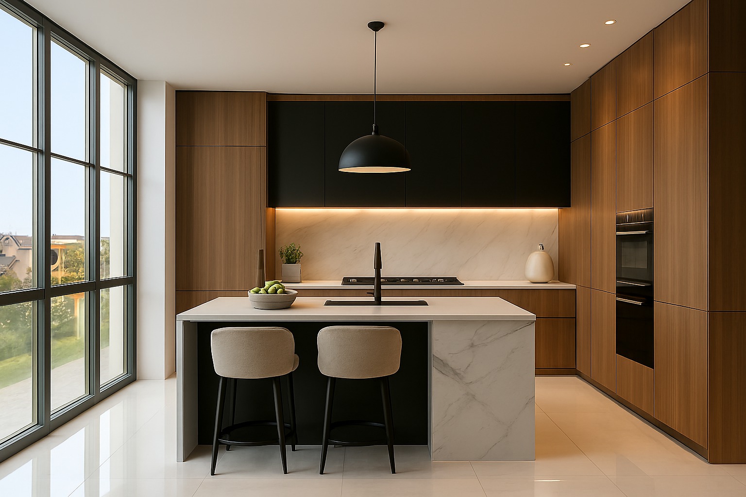 Nowoczesna kuchnia z wyspą i hokerami, drewniane fronty szafek, marmurowy blat, duże okno z widokiem na zewnątrz. Minimalistyczny design, ciepłe oświetlenie.