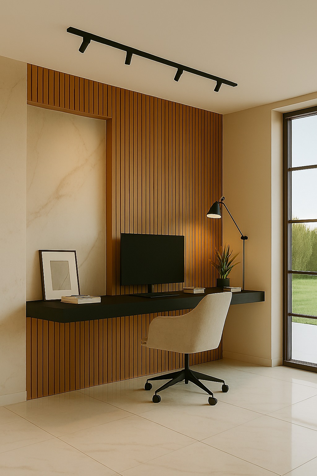 Nowoczesne biuro z drewnianą ścianą z lameli, czarnym biurkiem i beżowym krzesłem na kółkach. Minimalistyczny design z lampą i rośliną.