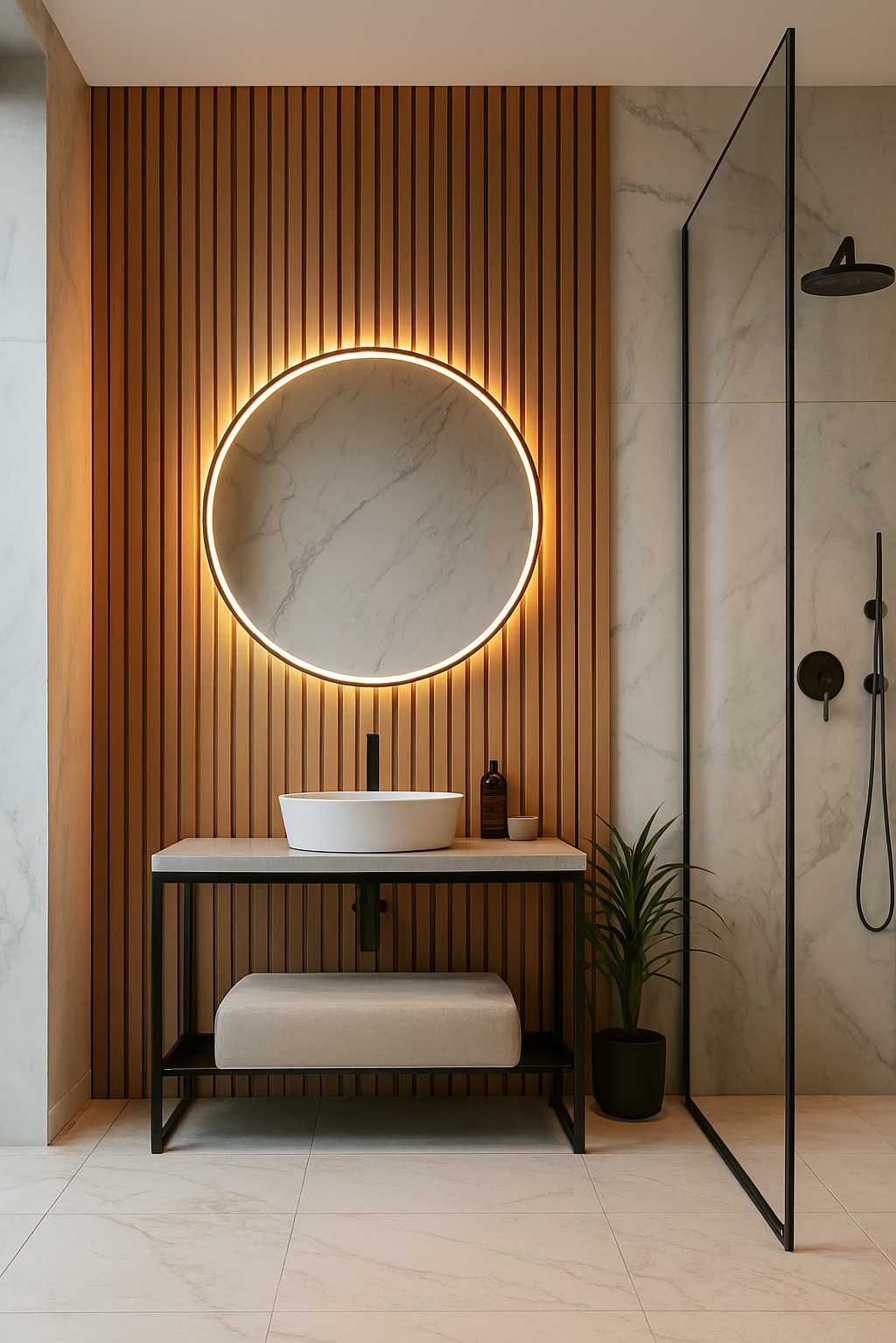 Nowoczesna łazienka z okrągłym lustrem LED nad umywalką na metalowym stelażu. Na ścianie drewniane lamele i marmurowe płytki. Minimalistyczny design.