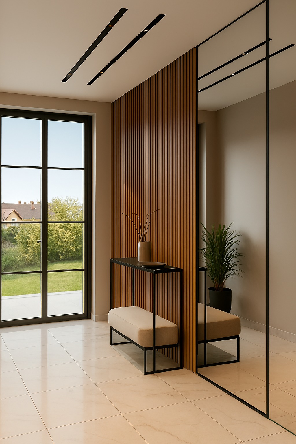 Nowoczesny przedpokój z drewnianą ścianą, konsolą z dekoracją i beżową ławką. Duże okno w czarnej ramie i lustro optycznie powiększają przestrzeń.