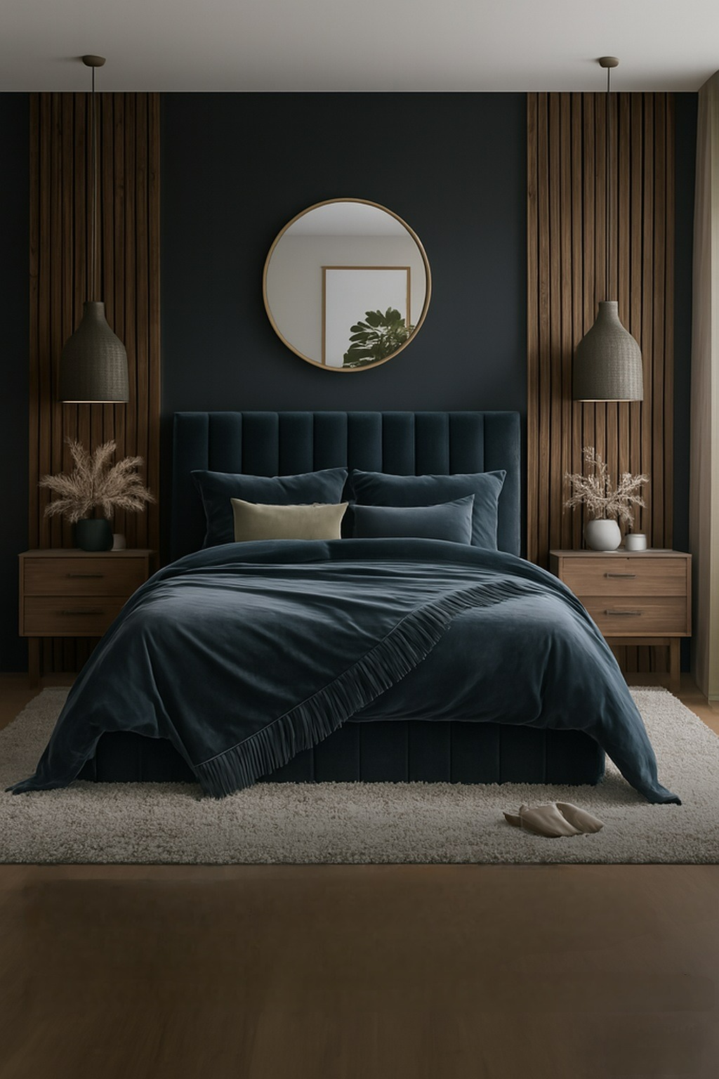 Stylowa sypialnia z łóżkiem w odcieniach granatu i drewnianymi panelami. Nad łóżkiem okrągłe lustro i wiszące lampy. Na podłodze beżowy dywan i kapcie.