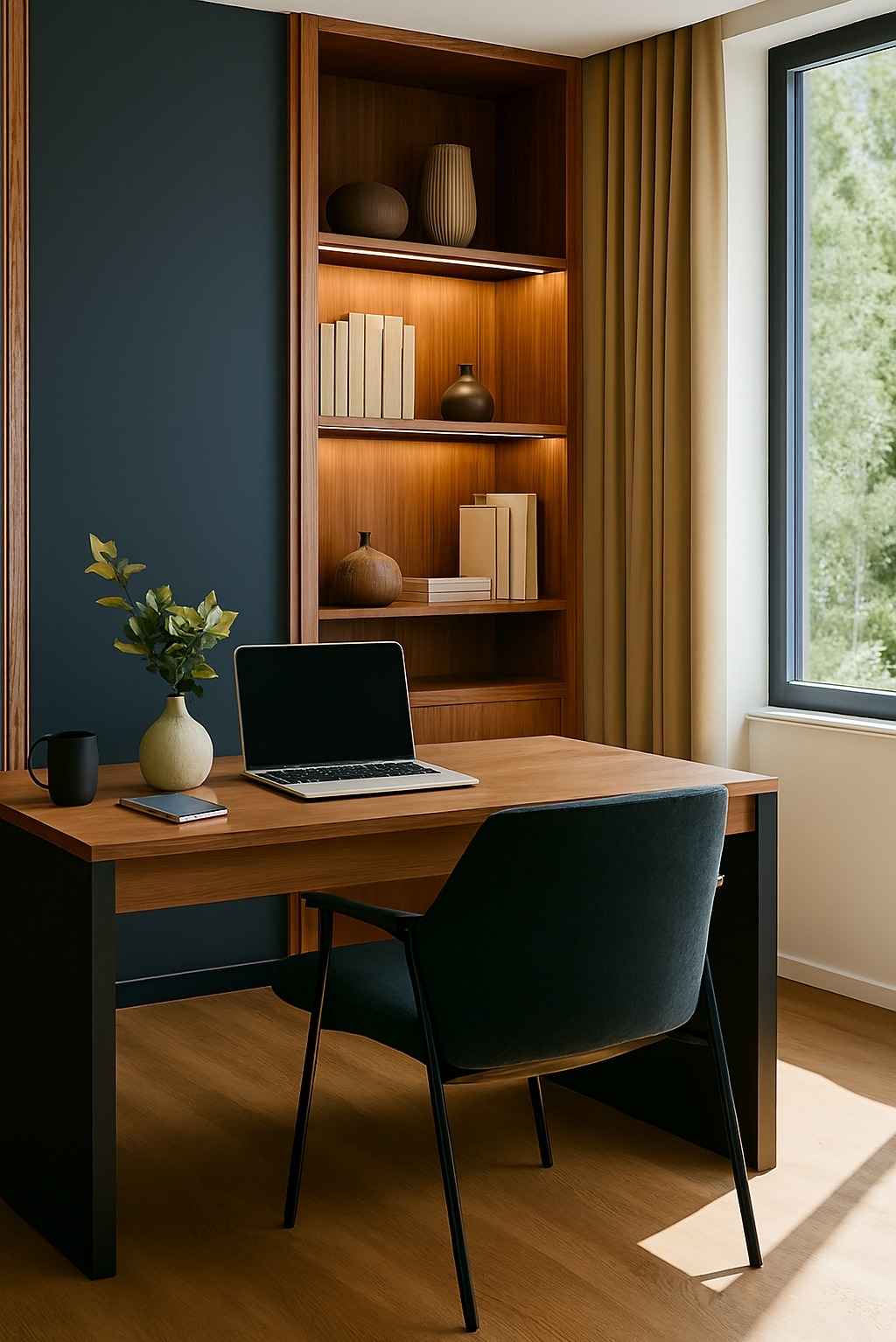 Drewniane biurko na tle regału z oświetleniem LED, w pokoju w Poznaniu. Na blacie laptop, wazon z roślinami i filiżanka. Nowoczesny design, ciepłe światło.