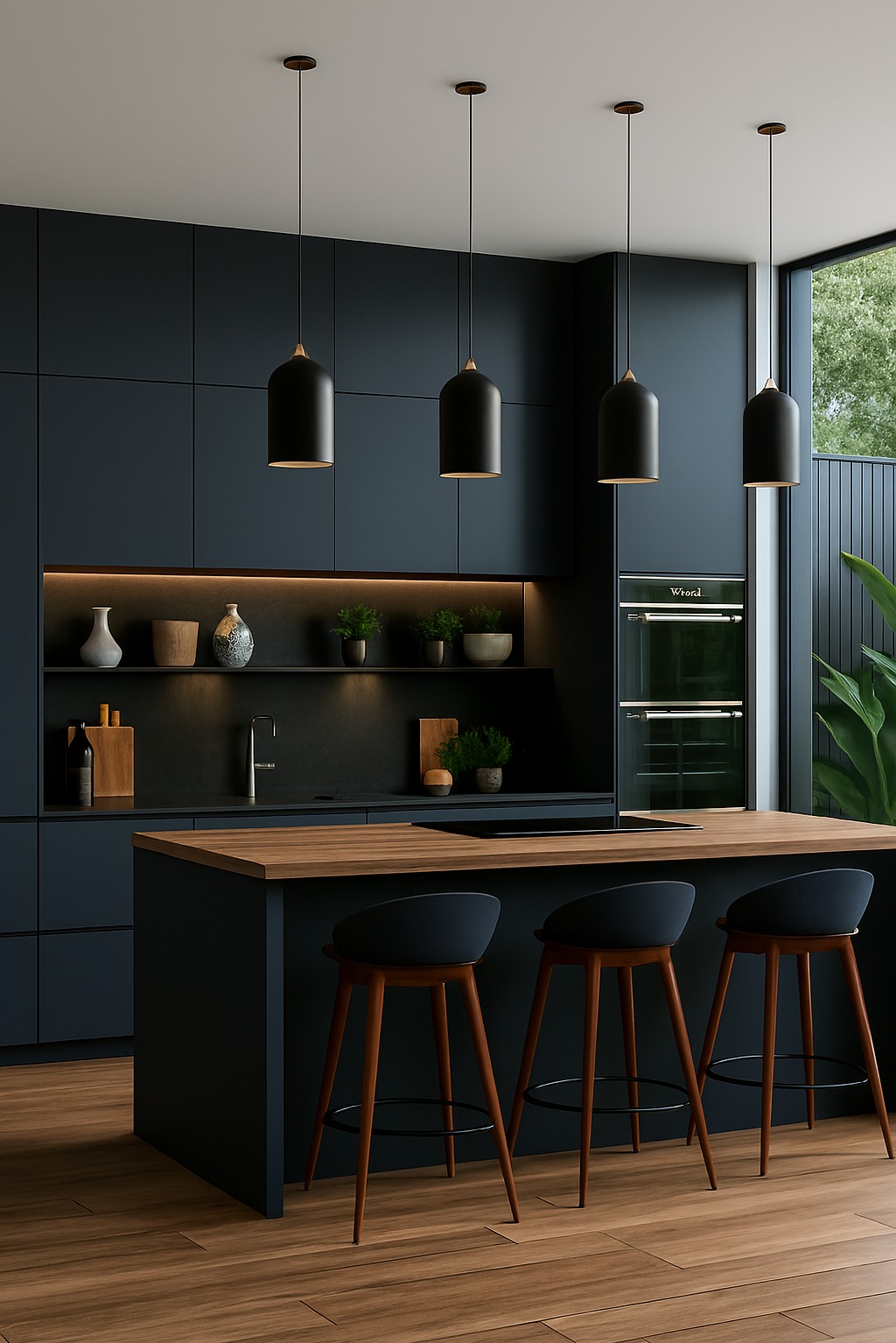 Nowoczesna, minimalistyczna kuchnia w ciemnych odcieniach z drewnianym blatem i trzema hokerami. Oświetlenie punktowe, rośliny na półce, parkiet na podłodze.