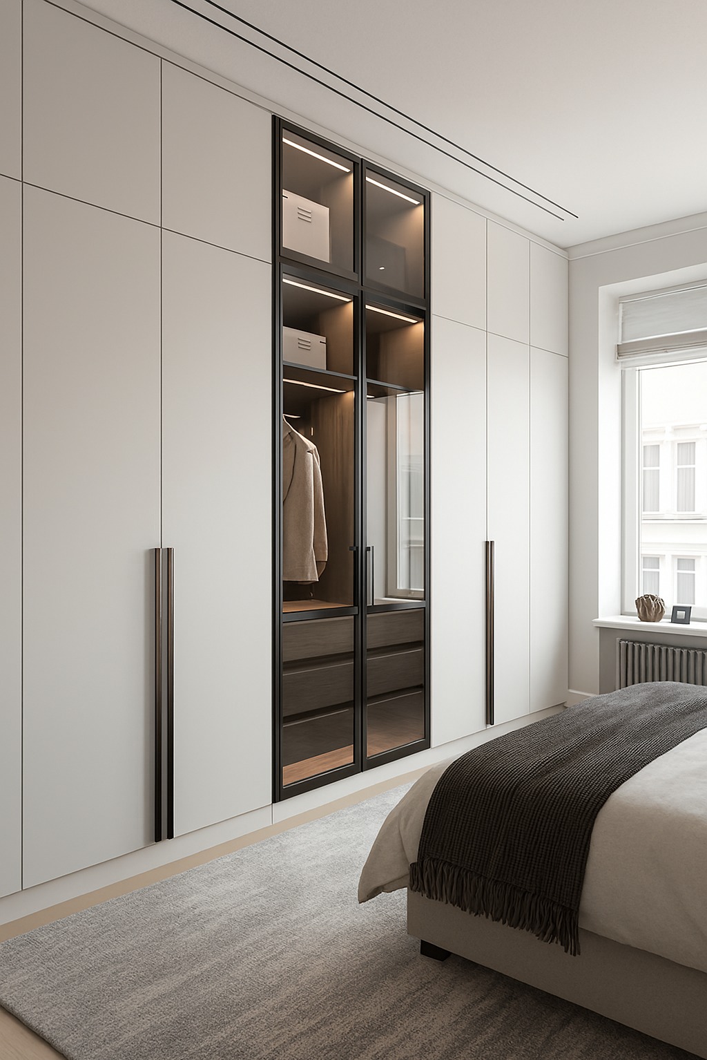 Nowoczesna szafa wnękowa z przeszklonymi drzwiami, podświetlana LED, wkomponowana w ścianę sypialni, z widoczną zawartością i elementami dekoracyjnymi.