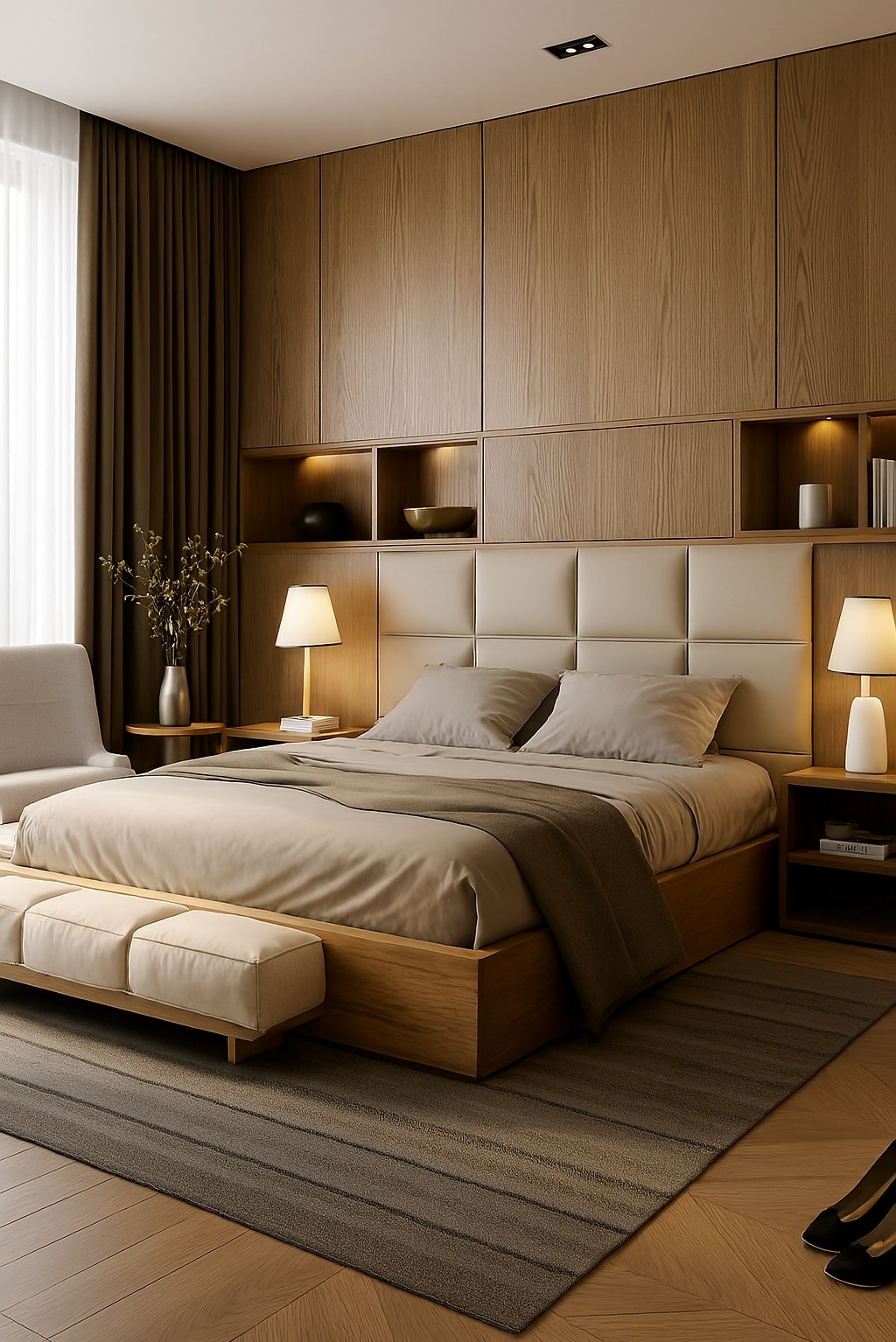 Nowoczesna sypialnia z drewnianą zabudową, beżowym łóżkiem i minimalistycznym oświetleniem. Uwagę przykuwają czarne szpilki leżące na podłodze.