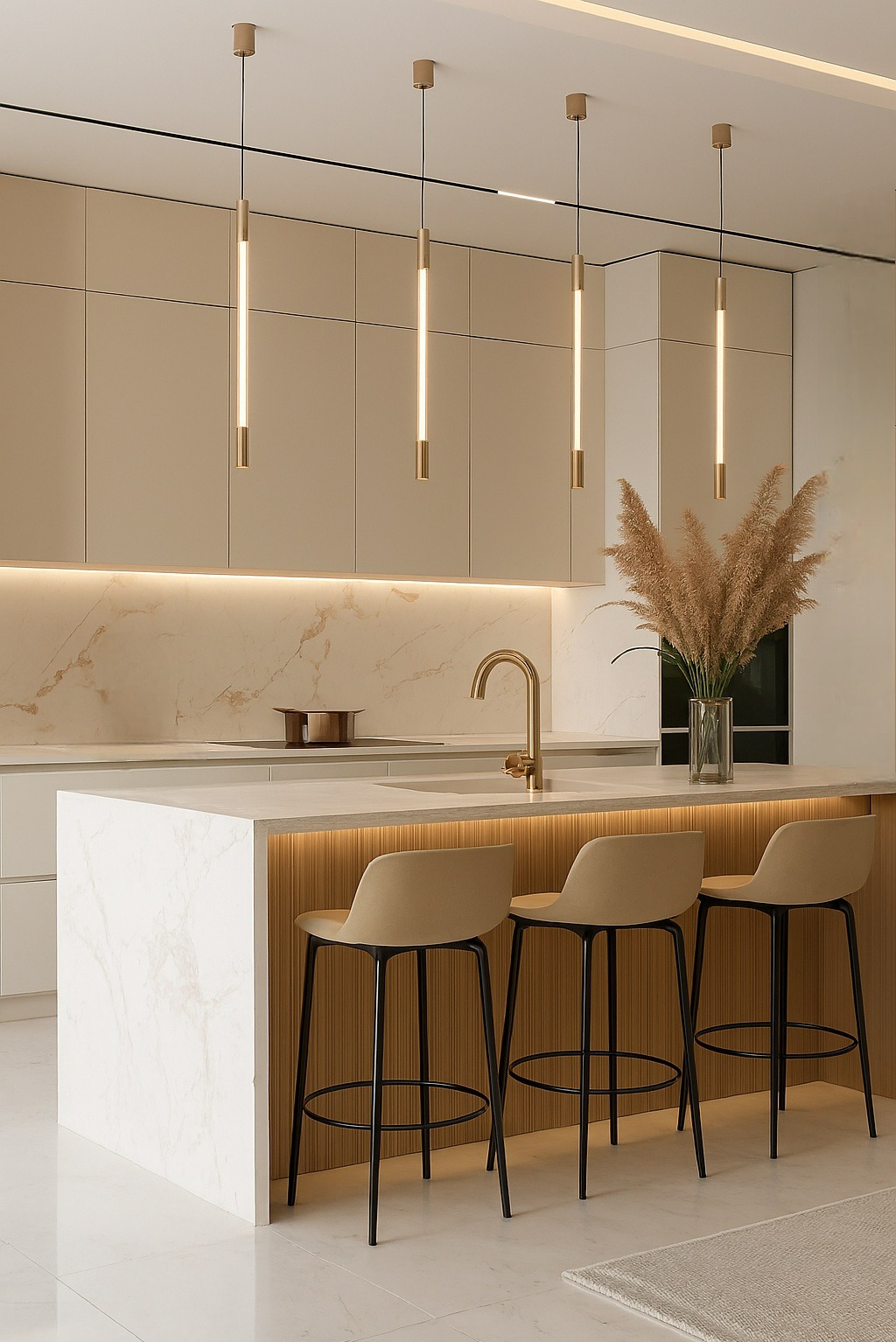 Elegancka kuchnia z wyspą, wykończona w beżach i bieli. Marmurowy blat, złota armatura i nowoczesne lampy wiszące tworzą luksusowy klimat.