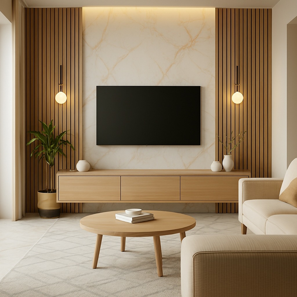 Nowoczesny salon z drewnianą ścianką TV, beżową szafką RTV, okrągłym stolikiem kawowym i narożnikiem. Minimalistyczne lampy ścienne i marmurowa ściana.