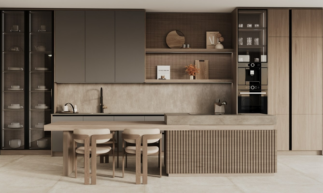 Nowoczesna kuchnia z drewnianymi akcentami: szafki w odcieniach szarości i beżu, przeszklona witryna, stół z krzesłami. Uwagę przykuwa dekoracyjna ściana nad blatem.