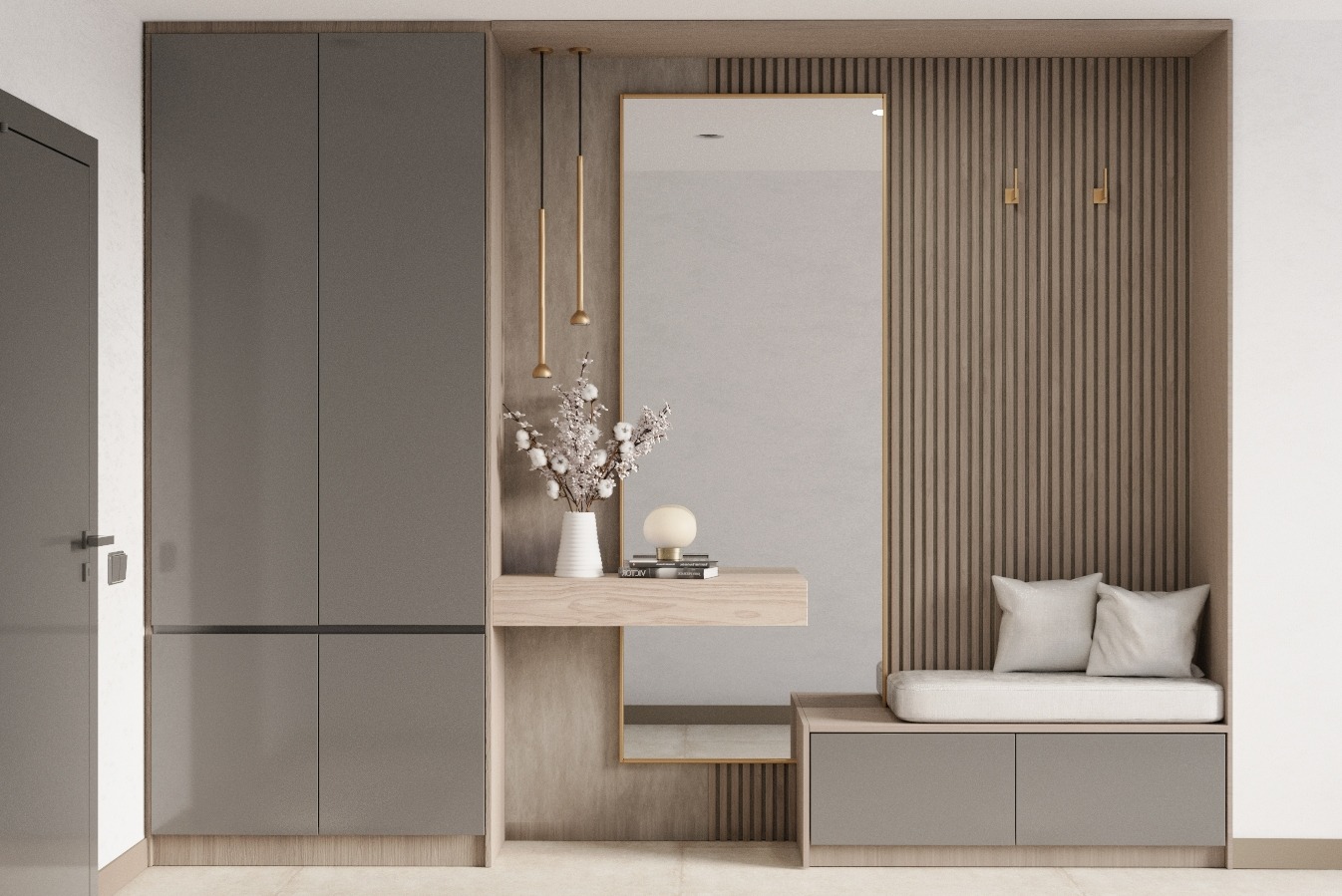 Nowoczesna szafa wnękowa z siedziskiem i lustrem, szare fronty, oświetlenie punktowe, dekoracyjne lamele ścienne w odcieniach brązu, minimalistyczny design.