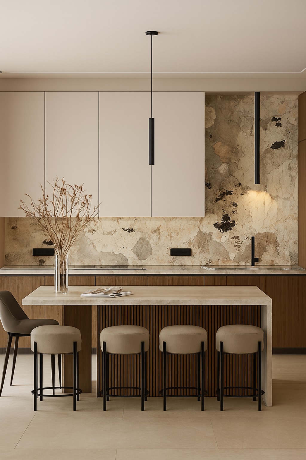 Nowoczesna kuchnia z wyspą i czterema hokerami w beżowej tonacji, minimalistyczne lampy wiszące, dekoracyjny panel ścienny. Ustawienie frontem do wyspy kuchennej.