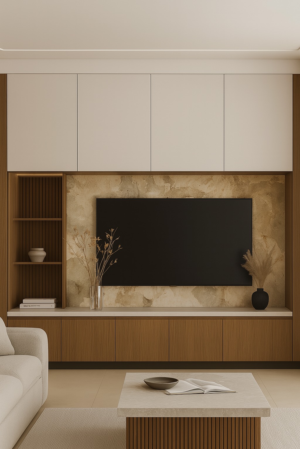 Minimalistyczna zabudowa TV z szafkami i półkami z drewna i bieli, dekoracyjny panel ścienny, beżowa sofa i stolik kawowy z książką. Nowoczesny salon.